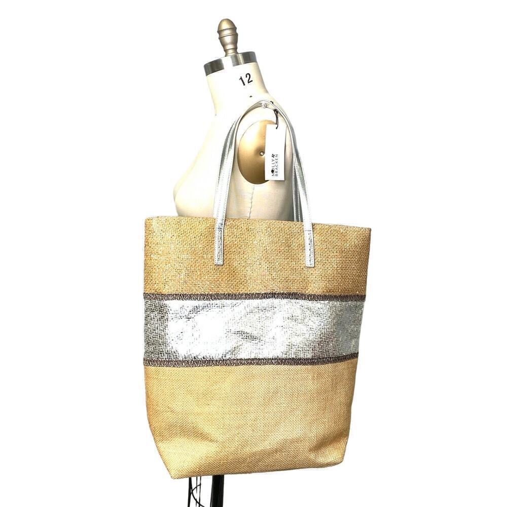 New Molly Bracken Burlap + Silver Gold Metallic tote eco shopper bag Beach